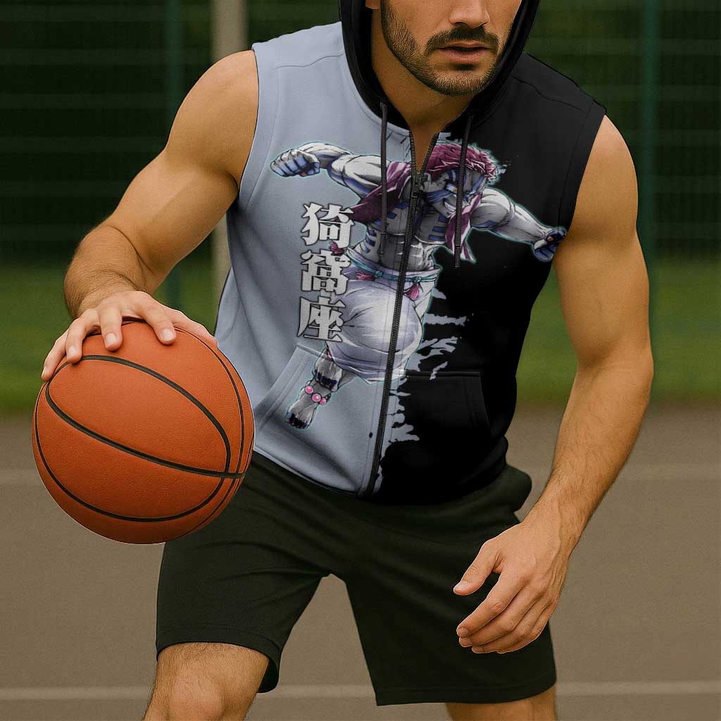 Akaza from Demon Slayer Sleeveless Zip Hoodie with Split Color Background and Martial Arts Pose Manga Style Design - The Mazicc
