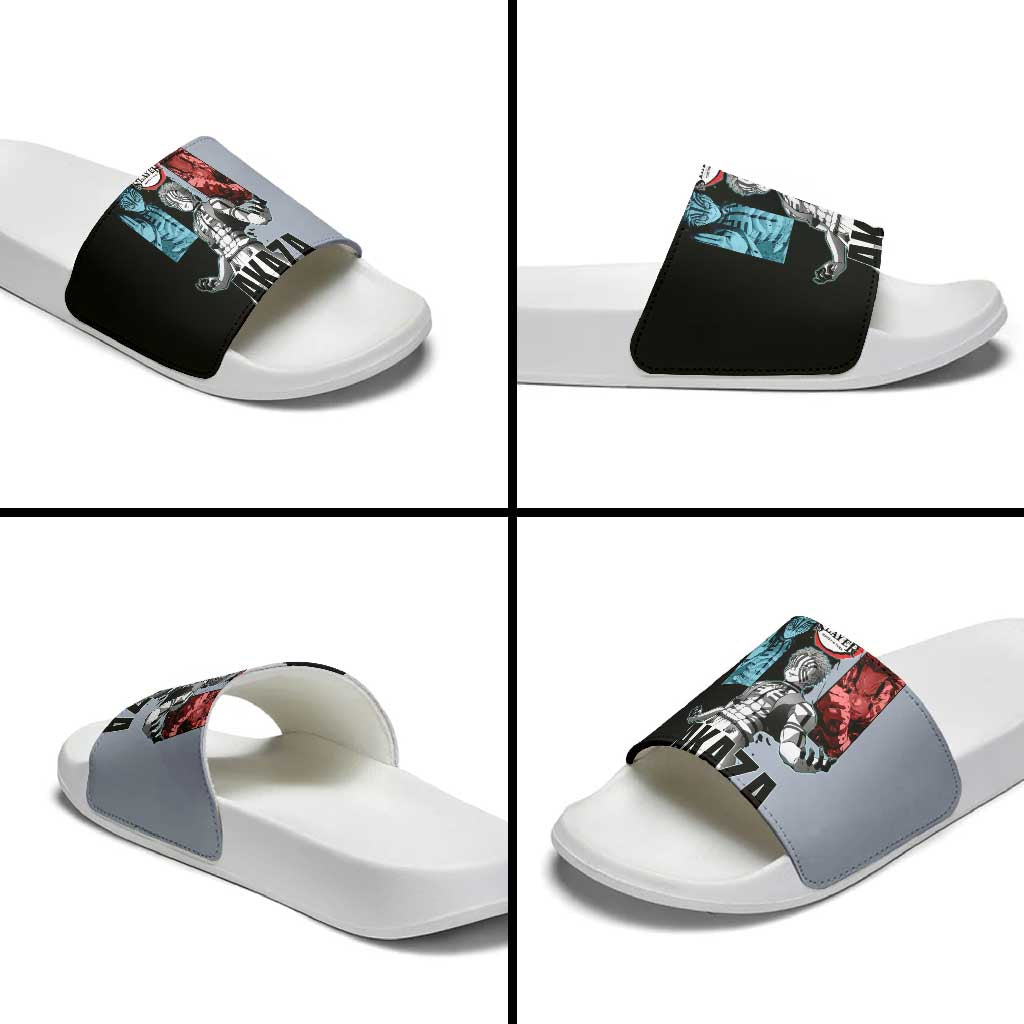 Akaza from Demon Slayer Slide Sandals with Split Color Background and Martial Arts Pose Manga Style Design - The Mazicc