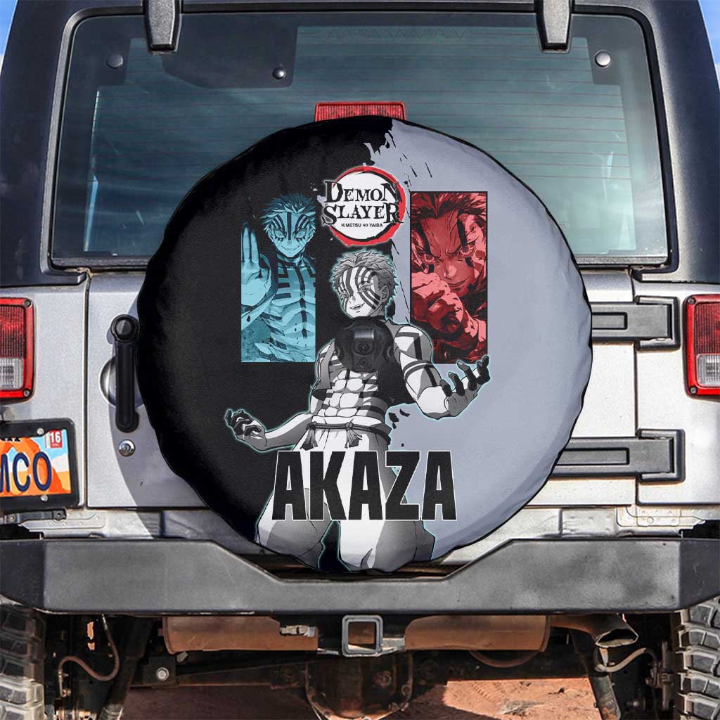 Akaza from Demon Slayer Spare Tire Cover with Split Color Background and Martial Arts Pose Manga Style Design - The Mazicc