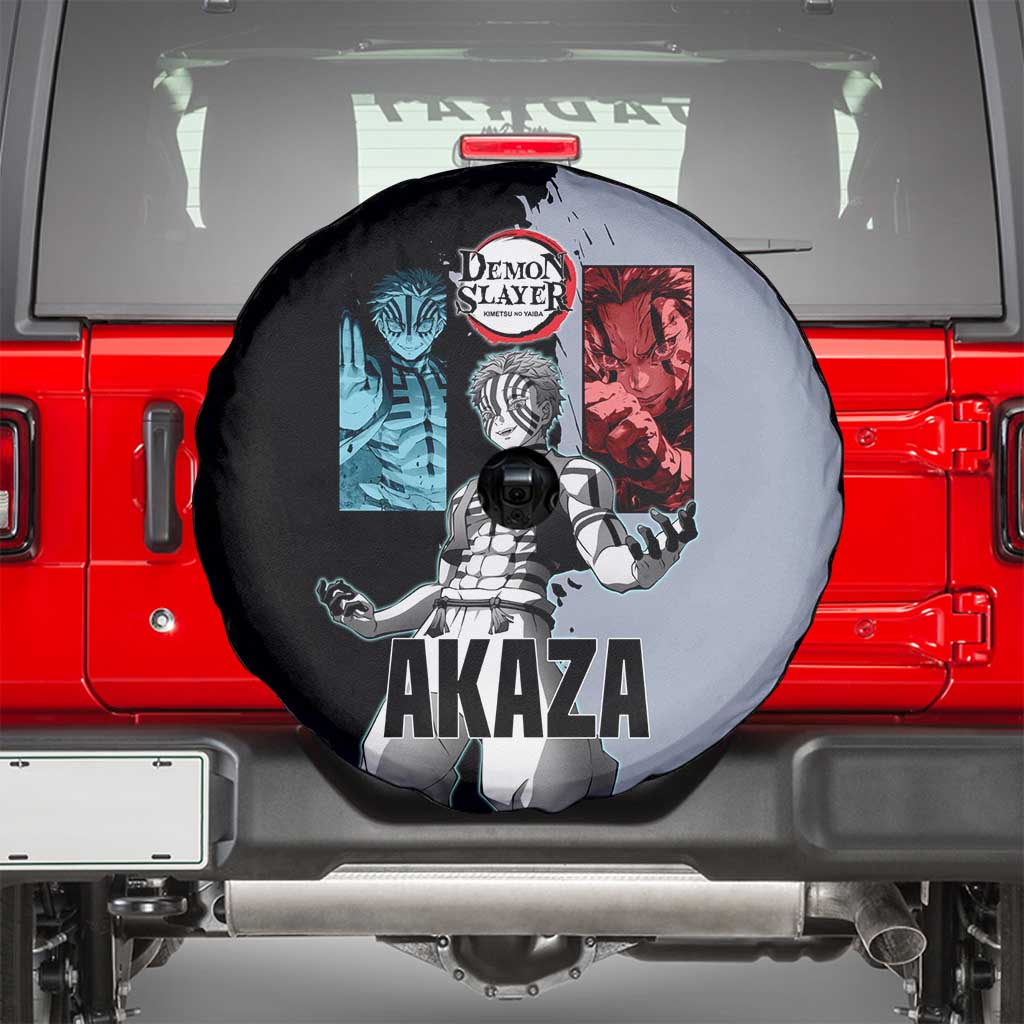 Akaza from Demon Slayer Spare Tire Cover with Split Color Background and Martial Arts Pose Manga Style Design - The Mazicc