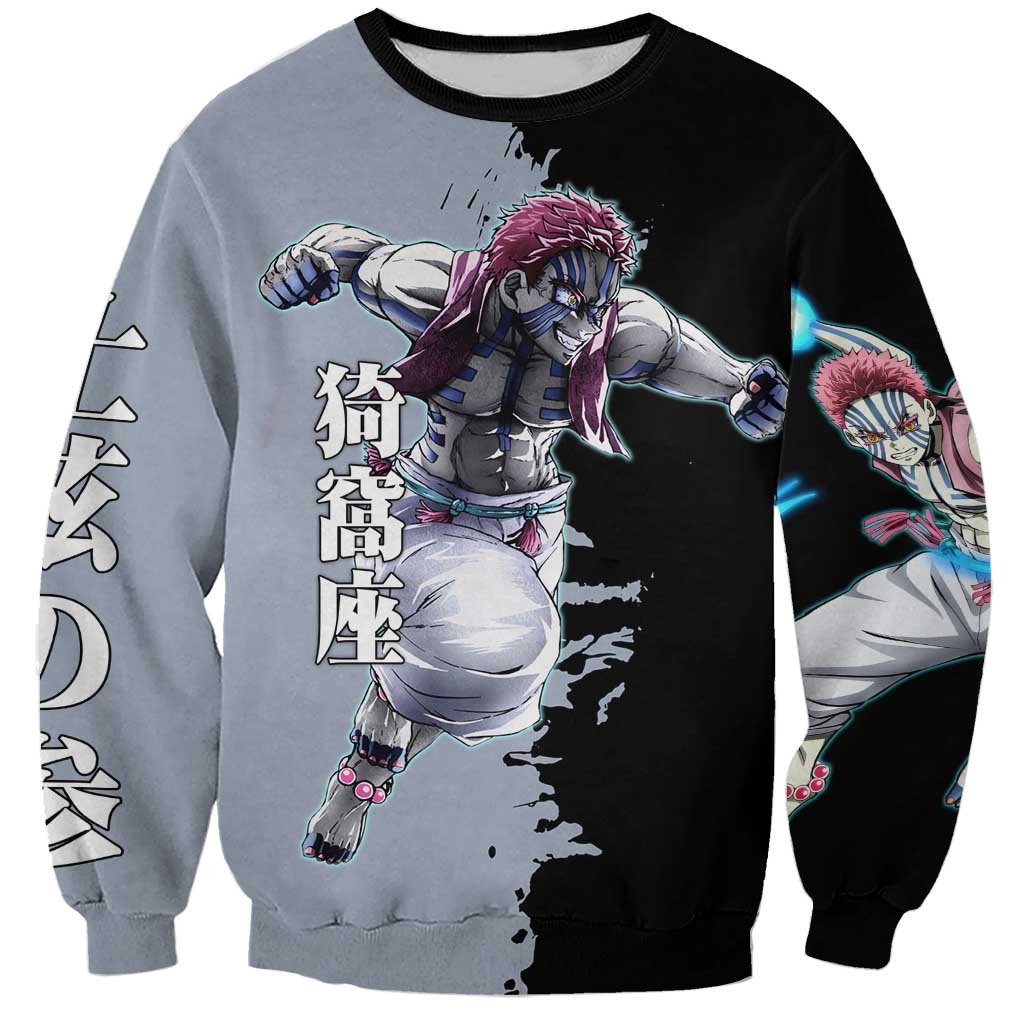 Akaza from Demon Slayer Sweatshirt with Split Color Background and Martial Arts Pose Manga Style Design - The Mazicc