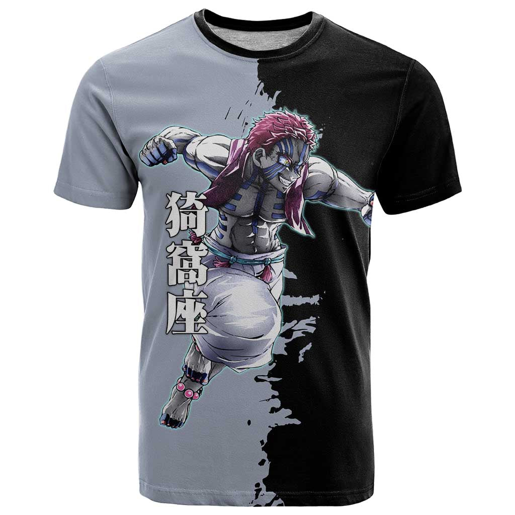 Akaza from Demon Slayer T Shirt with Split Color Background and Martial Arts Pose Manga Style Design - The Mazicc