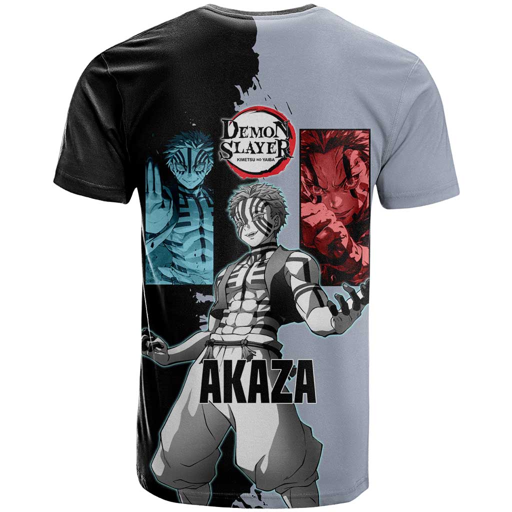 Akaza from Demon Slayer T Shirt with Split Color Background and Martial Arts Pose Manga Style Design - The Mazicc
