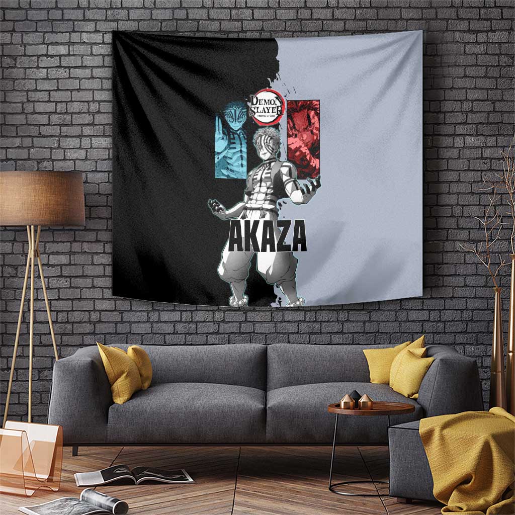 Akaza from Demon Slayer Tapestry with Split Color Background and Martial Arts Pose Manga Style Design - The Mazicc