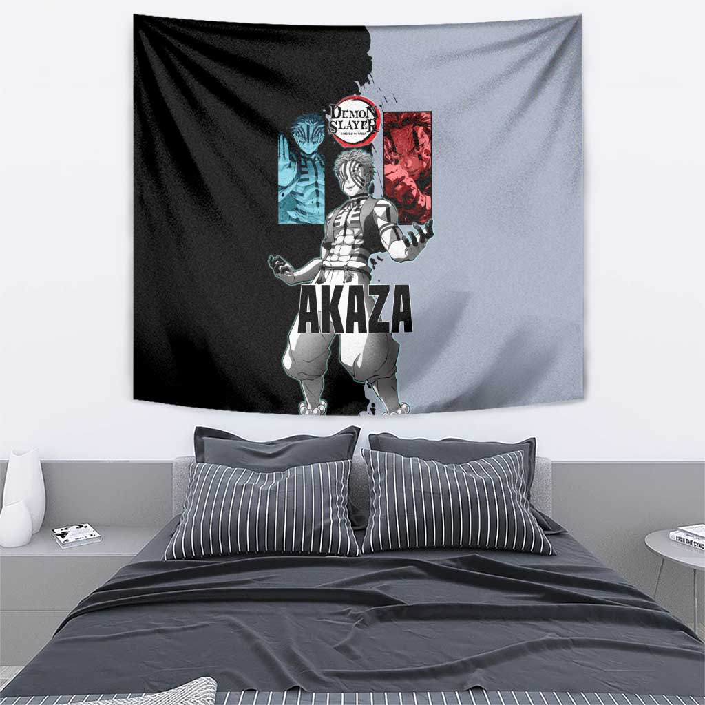 Akaza from Demon Slayer Tapestry with Split Color Background and Martial Arts Pose Manga Style Design - The Mazicc