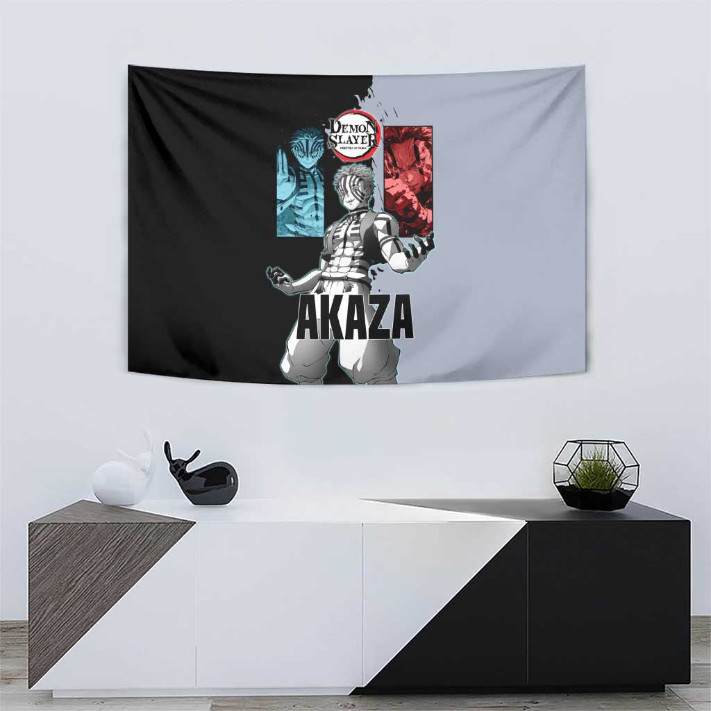 Akaza from Demon Slayer Tapestry with Split Color Background and Martial Arts Pose Manga Style Design - The Mazicc