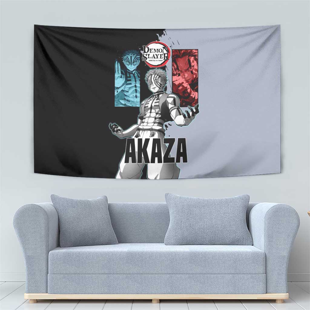 Akaza from Demon Slayer Tapestry with Split Color Background and Martial Arts Pose Manga Style Design - The Mazicc
