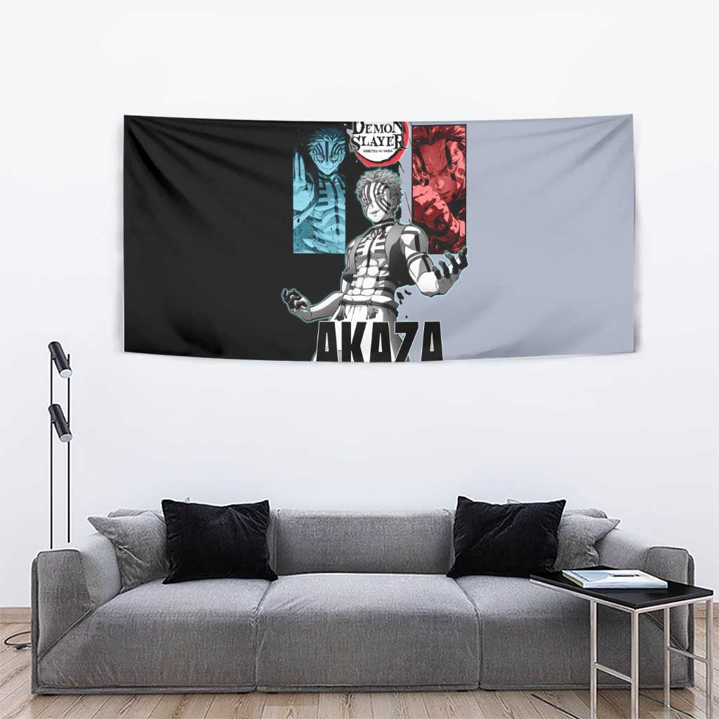 Akaza from Demon Slayer Tapestry with Split Color Background and Martial Arts Pose Manga Style Design - The Mazicc