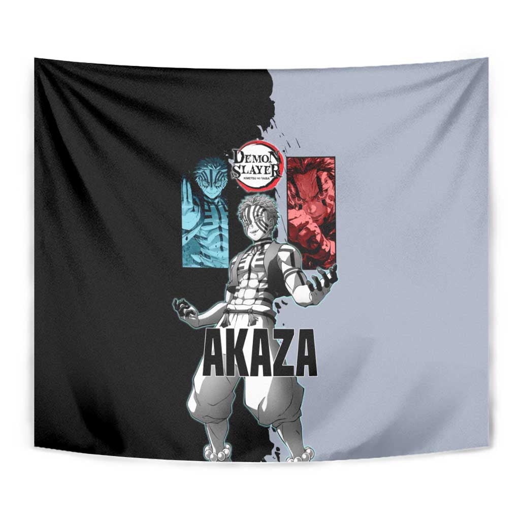Akaza from Demon Slayer Tapestry with Split Color Background and Martial Arts Pose Manga Style Design - The Mazicc