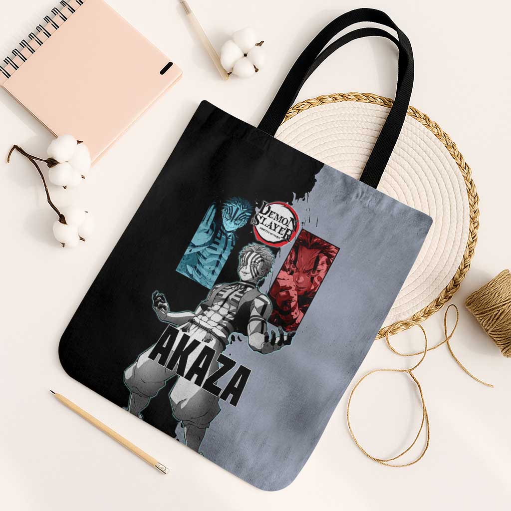 Akaza from Demon Slayer Tote Bag with Split Color Background and Martial Arts Pose Manga Style Design - The Mazicc