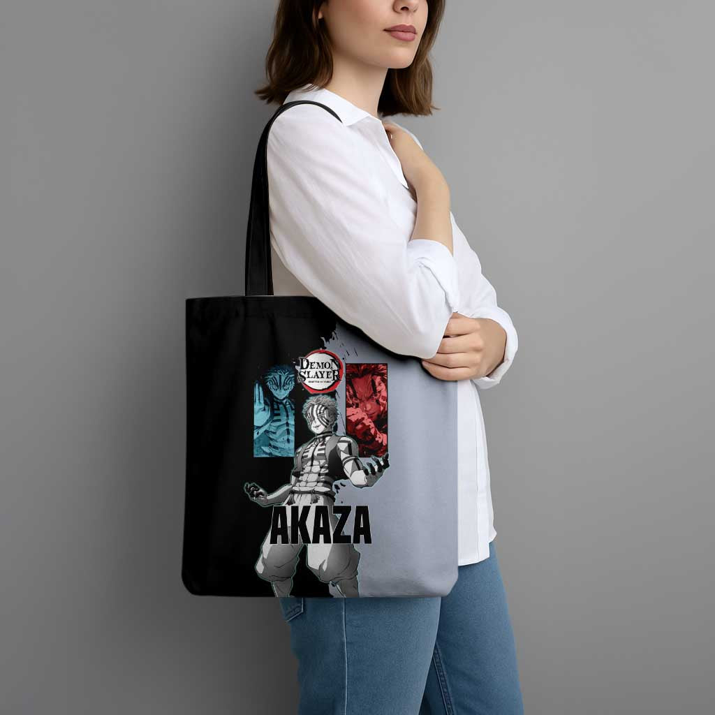 Akaza from Demon Slayer Tote Bag with Split Color Background and Martial Arts Pose Manga Style Design - The Mazicc