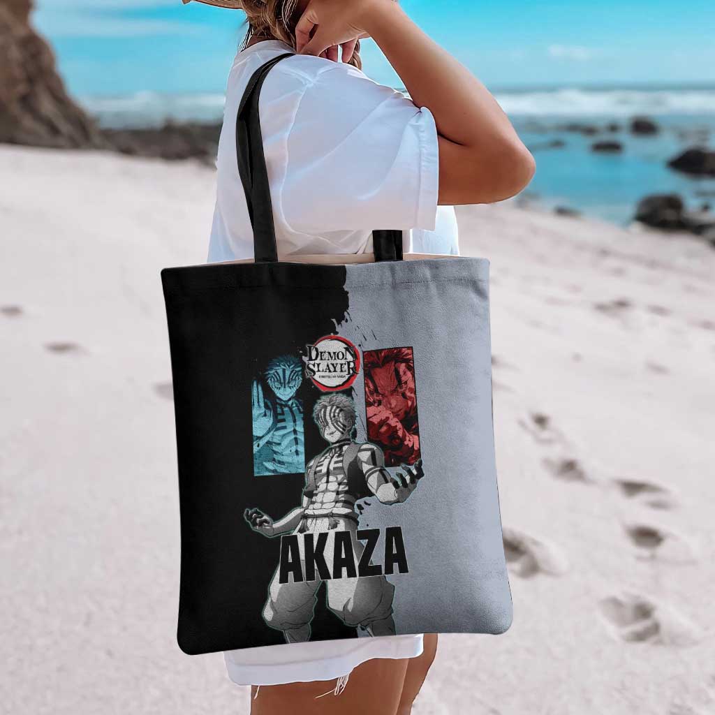Akaza from Demon Slayer Tote Bag with Split Color Background and Martial Arts Pose Manga Style Design - The Mazicc