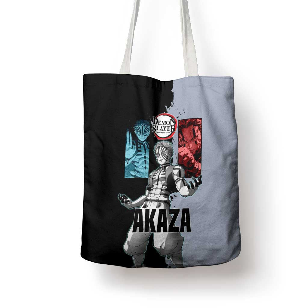 Akaza from Demon Slayer Tote Bag with Split Color Background and Martial Arts Pose Manga Style Design - The Mazicc