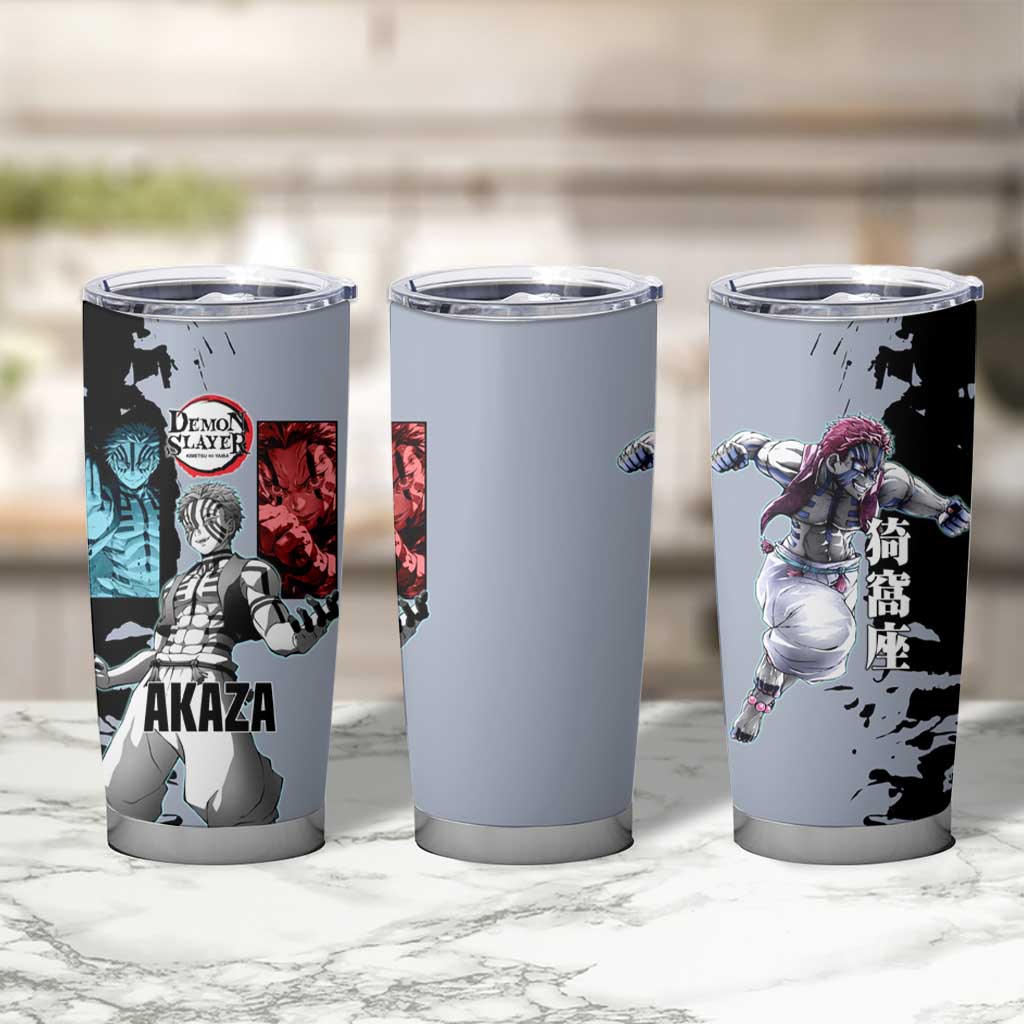 Akaza from Demon Slayer Tumbler Cup with Split Color Background and Martial Arts Pose Manga Style Design - The Mazicc