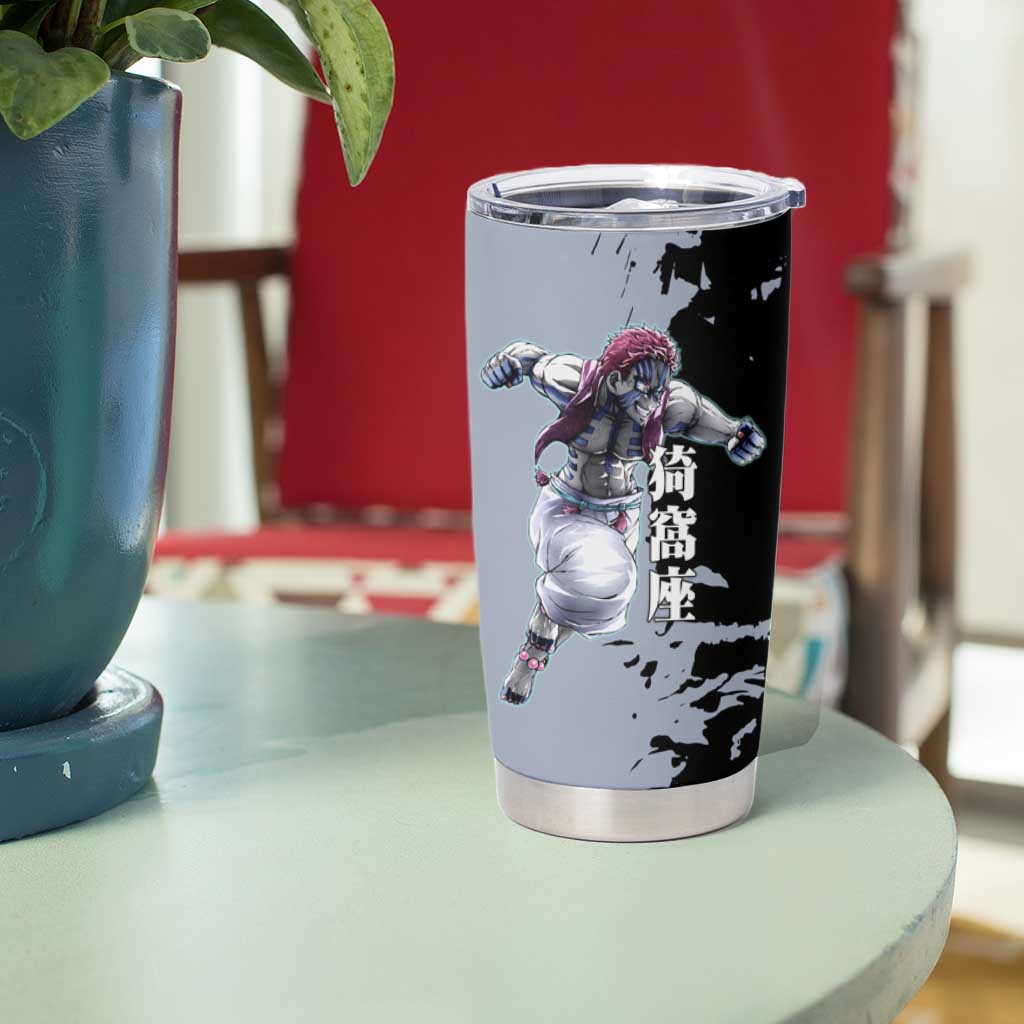 Akaza from Demon Slayer Tumbler Cup with Split Color Background and Martial Arts Pose Manga Style Design - The Mazicc