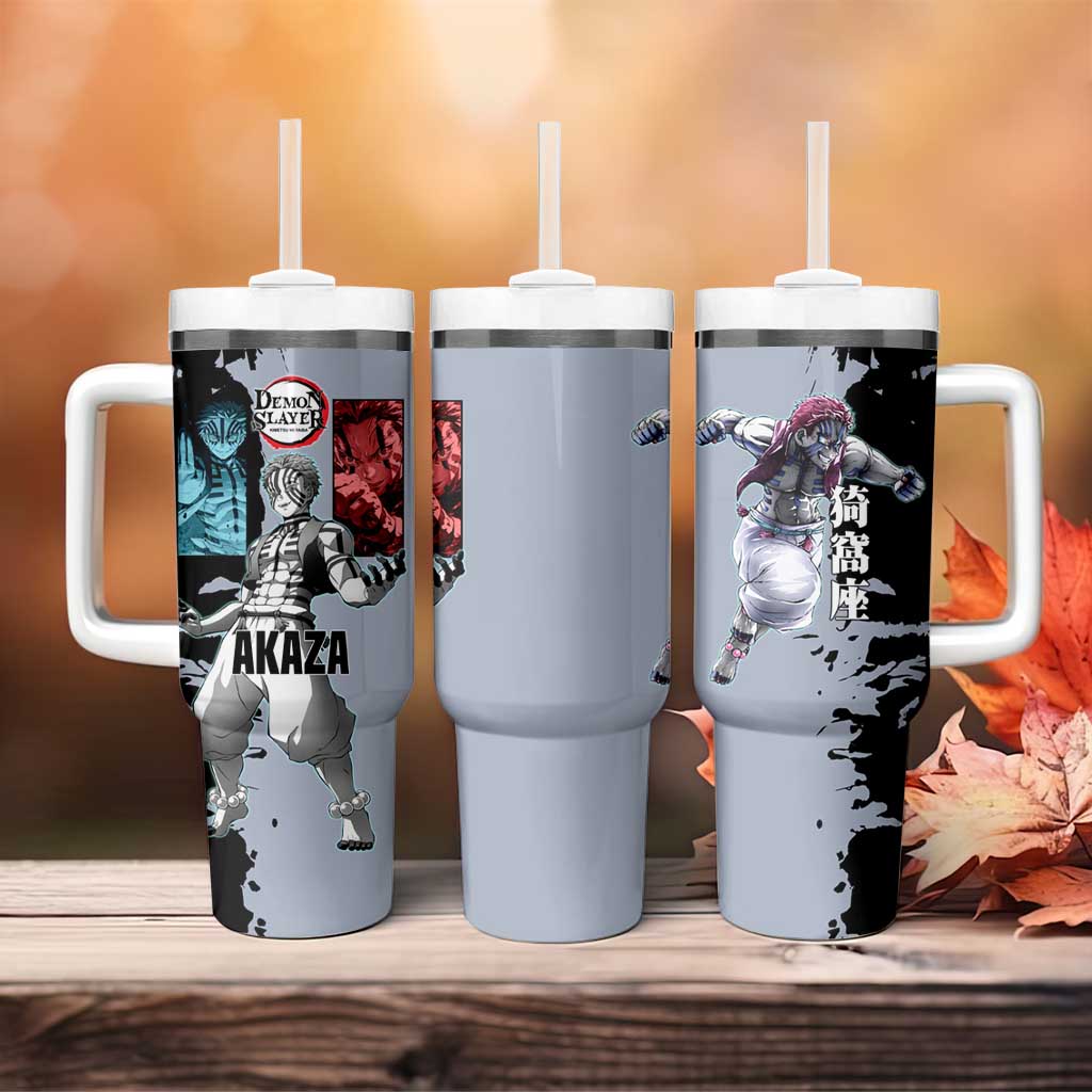 Akaza from Demon Slayer Tumbler With Handle with Split Color Background and Martial Arts Pose Manga Style Design - The Mazicc