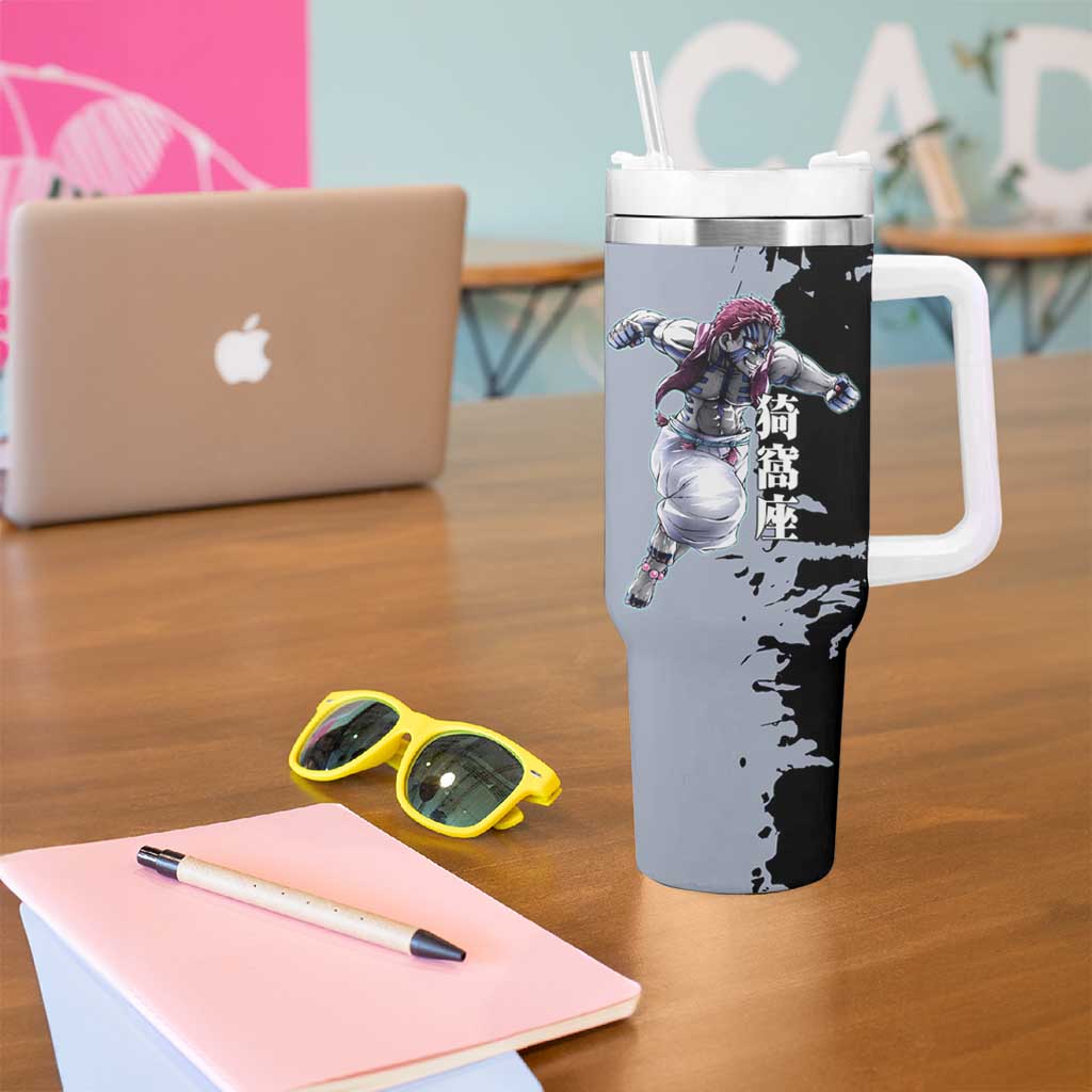 Akaza from Demon Slayer Tumbler With Handle with Split Color Background and Martial Arts Pose Manga Style Design - The Mazicc