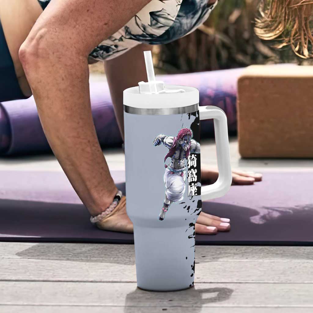 Akaza from Demon Slayer Tumbler With Handle with Split Color Background and Martial Arts Pose Manga Style Design - The Mazicc