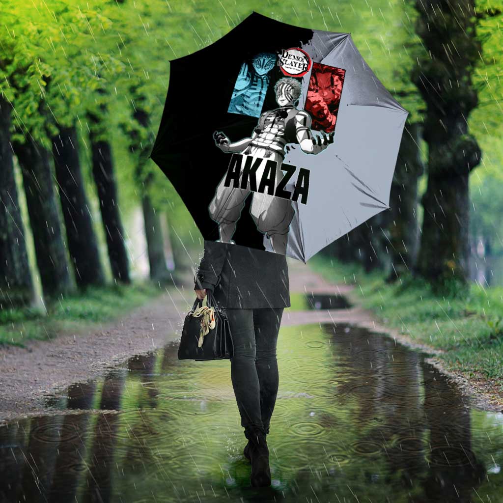 Akaza from Demon Slayer Umbrella with Split Color Background and Martial Arts Pose Manga Style Design - The Mazicc