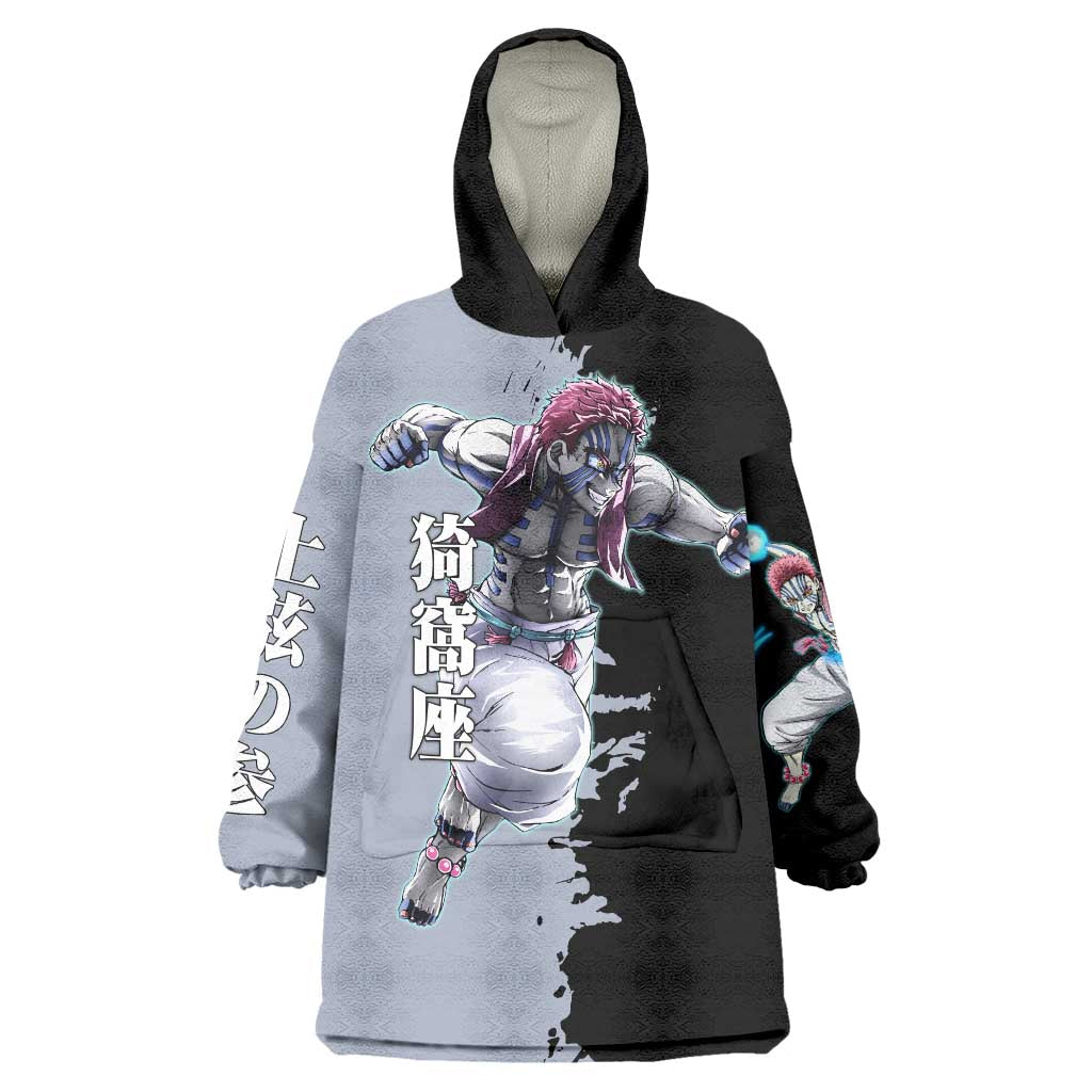 Akaza from Demon Slayer Wearable Blanket Hoodie with Split Color Background and Martial Arts Pose Manga Style Design - The Mazicc