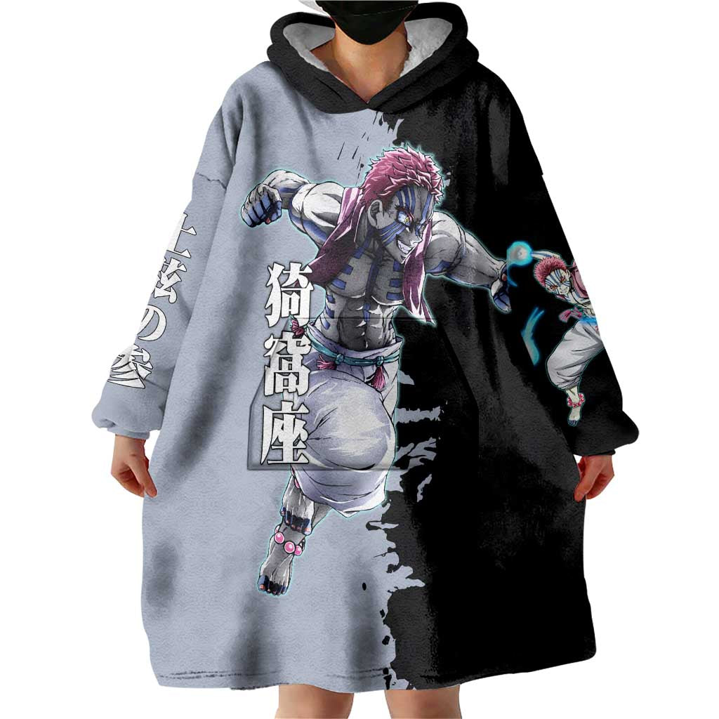 Akaza from Demon Slayer Wearable Blanket Hoodie with Split Color Background and Martial Arts Pose Manga Style Design - The Mazicc