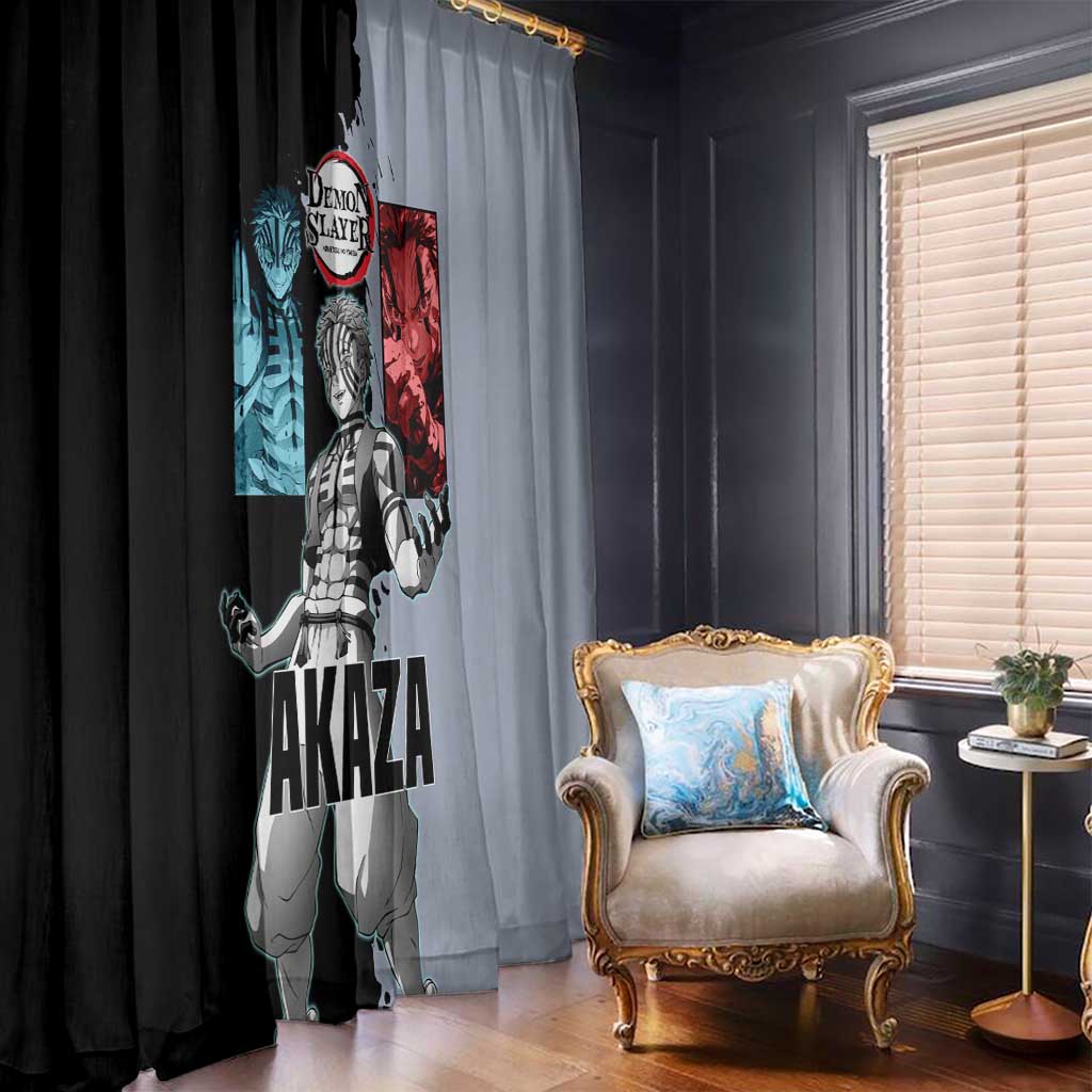 Akaza from Demon Slayer Window Curtain with Split Color Background and Martial Arts Pose Manga Style Design - The Mazicc