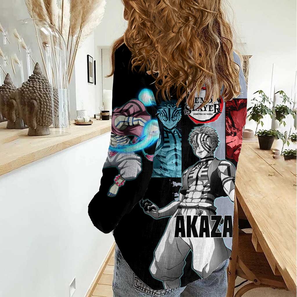 Akaza from Demon Slayer Women Casual Shirt with Split Color Background and Martial Arts Pose Manga Style Design - The Mazicc
