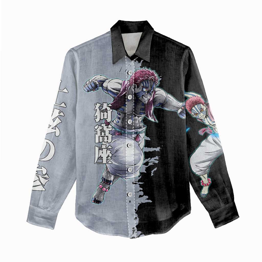 Akaza from Demon Slayer Women Casual Shirt with Split Color Background and Martial Arts Pose Manga Style Design - The Mazicc