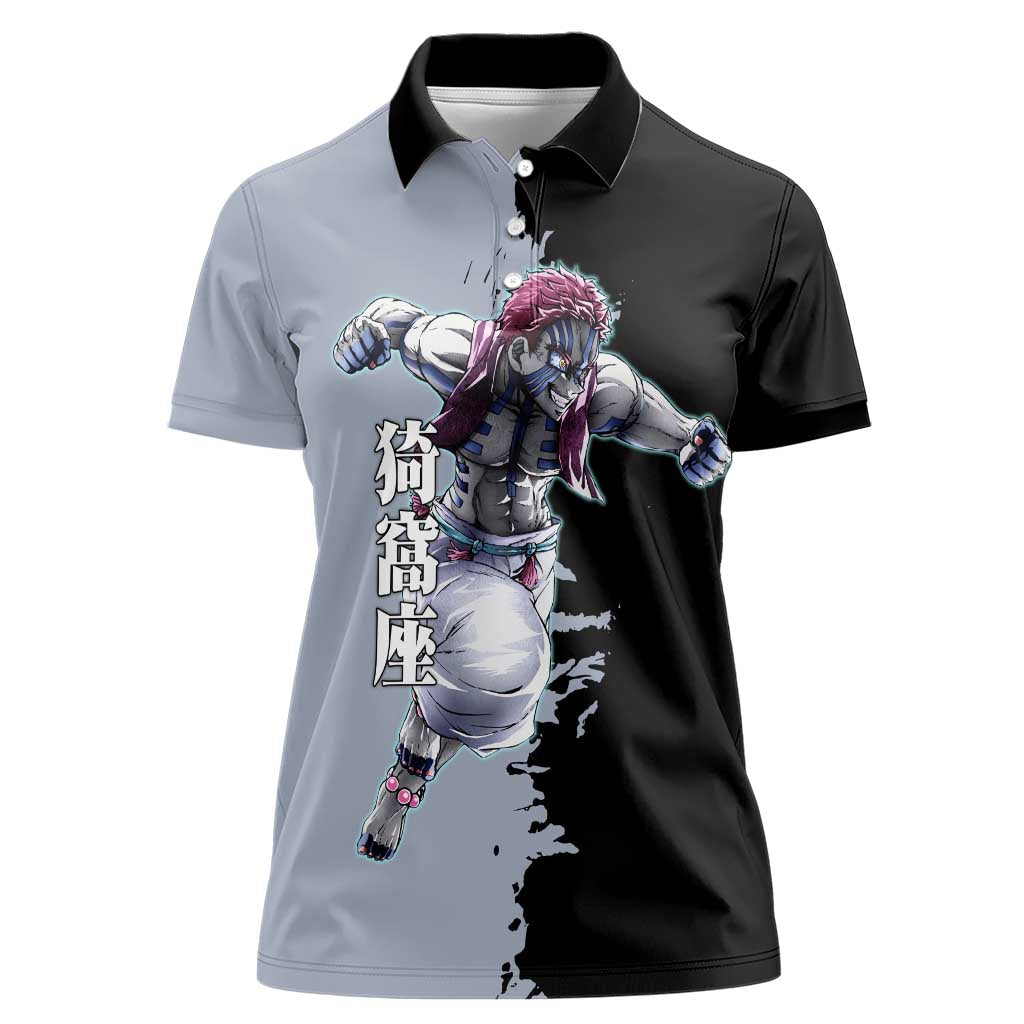 Akaza from Demon Slayer Women Polo Shirt with Split Color Background and Martial Arts Pose Manga Style Design - The Mazicc