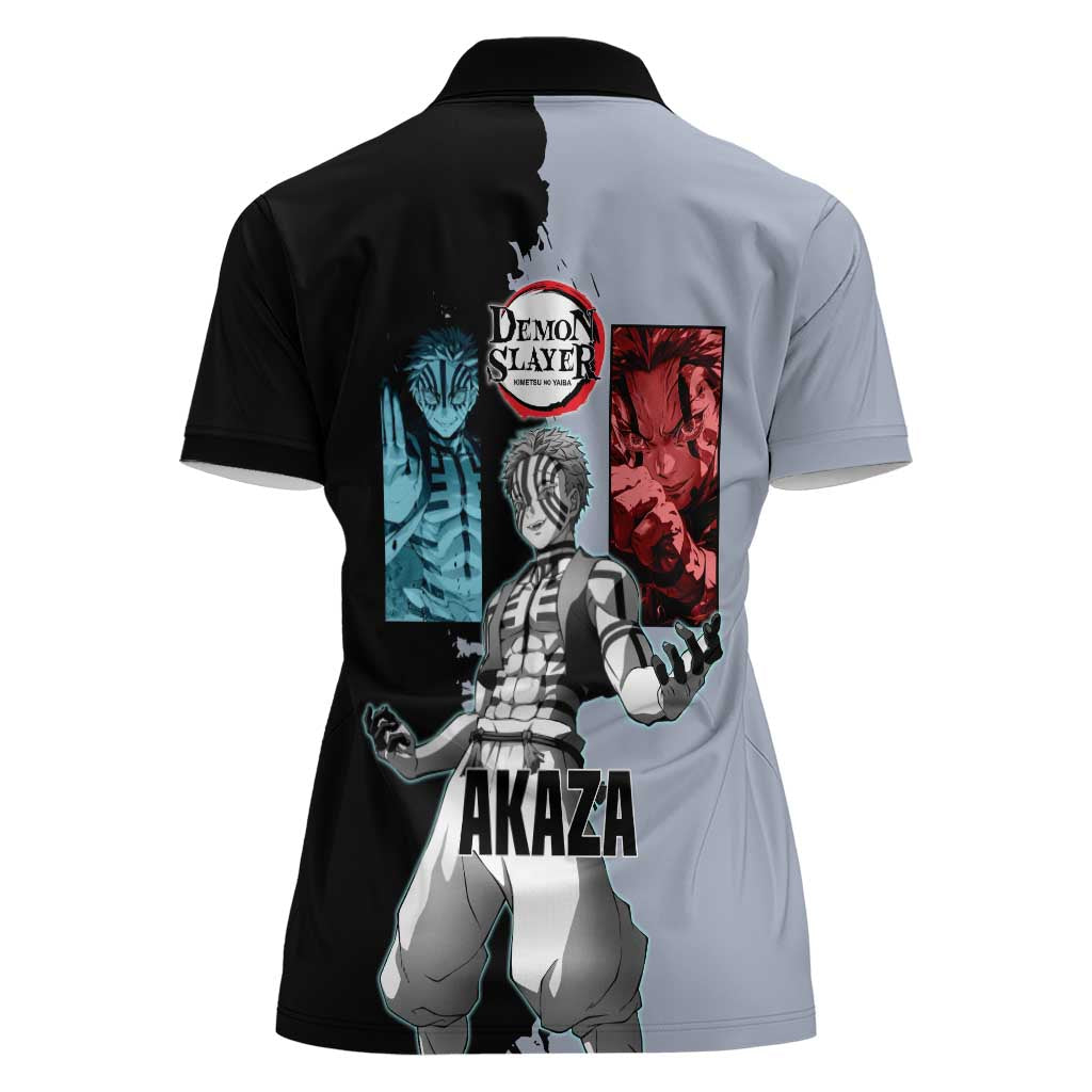 Akaza from Demon Slayer Women Polo Shirt with Split Color Background and Martial Arts Pose Manga Style Design - The Mazicc