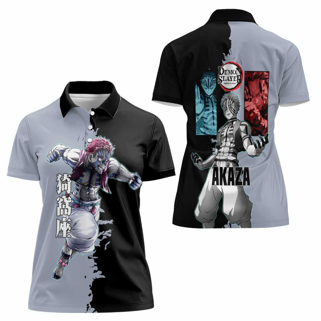 Akaza from Demon Slayer Women Polo Shirt with Split Color Background and Martial Arts Pose Manga Style Design - The Mazicc