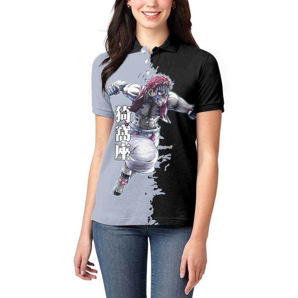Akaza from Demon Slayer Women Polo Shirt with Split Color Background and Martial Arts Pose Manga Style Design - The Mazicc