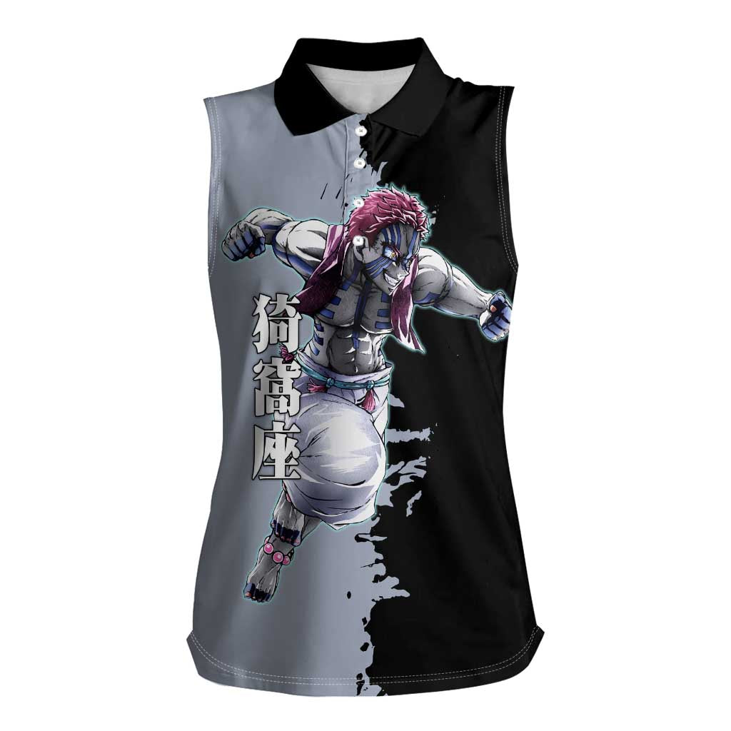 Akaza from Demon Slayer Women Sleeveless Polo Shirt with Split Color Background and Martial Arts Pose Manga Style Design - The Mazicc
