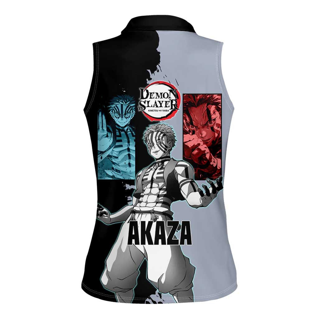 Akaza from Demon Slayer Women Sleeveless Polo Shirt with Split Color Background and Martial Arts Pose Manga Style Design - The Mazicc
