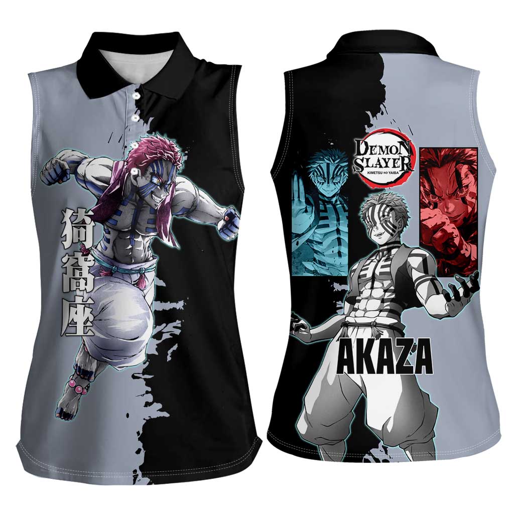 Akaza from Demon Slayer Women Sleeveless Polo Shirt with Split Color Background and Martial Arts Pose Manga Style Design - The Mazicc