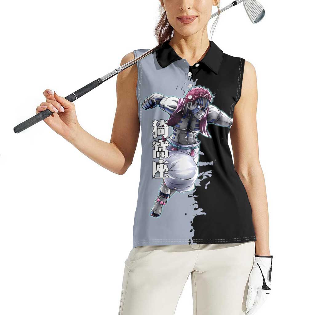 Akaza from Demon Slayer Women Sleeveless Polo Shirt with Split Color Background and Martial Arts Pose Manga Style Design - The Mazicc