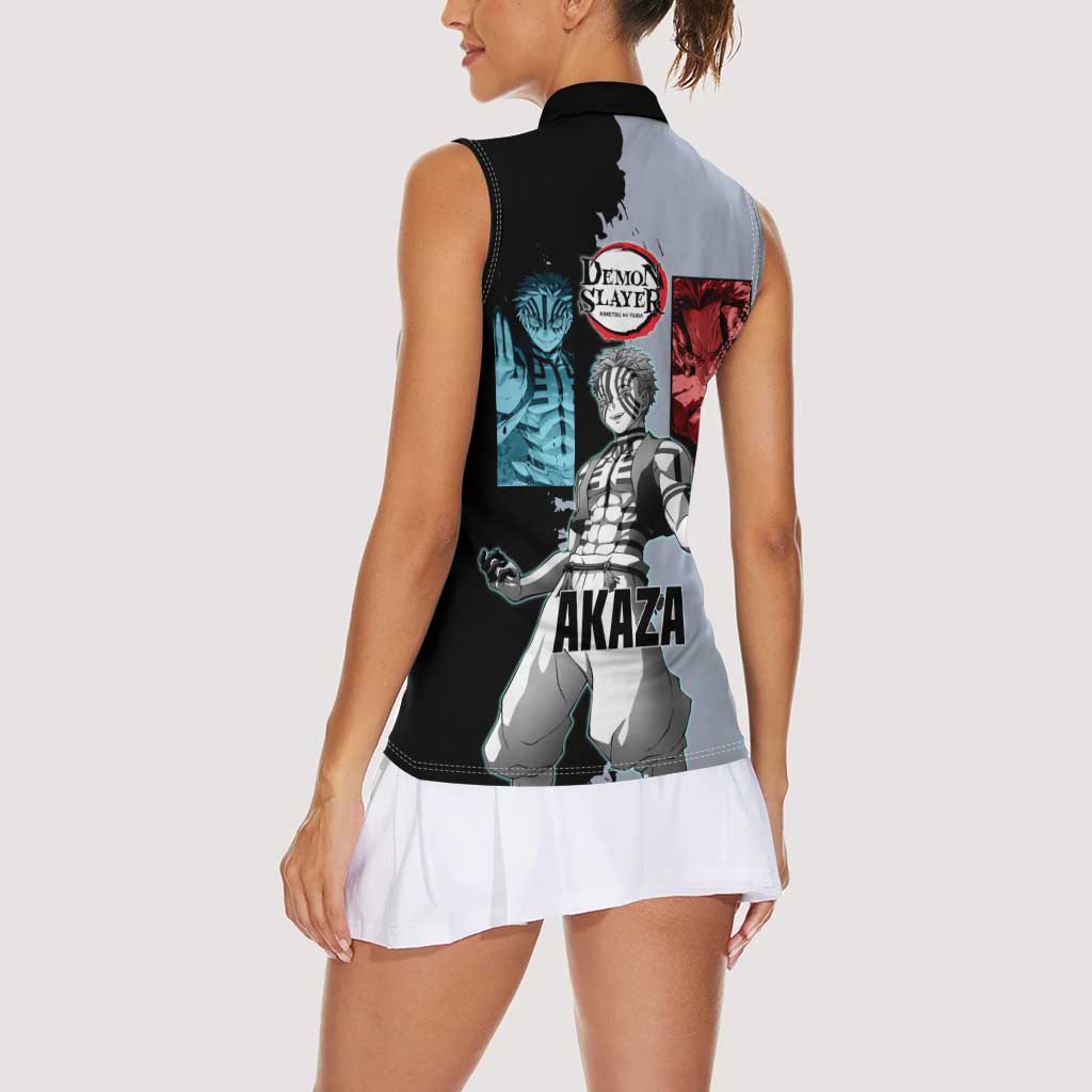 Akaza from Demon Slayer Women Sleeveless Polo Shirt with Split Color Background and Martial Arts Pose Manga Style Design - The Mazicc