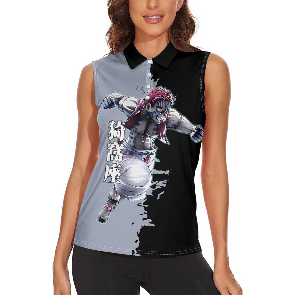 Akaza from Demon Slayer Women Sleeveless Polo Shirt with Split Color Background and Martial Arts Pose Manga Style Design - The Mazicc