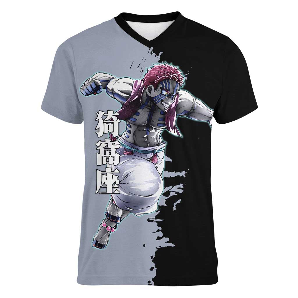 Akaza from Demon Slayer Women V-Neck T-Shirt with Split Color Background and Martial Arts Pose Manga Style Design - The Mazicc