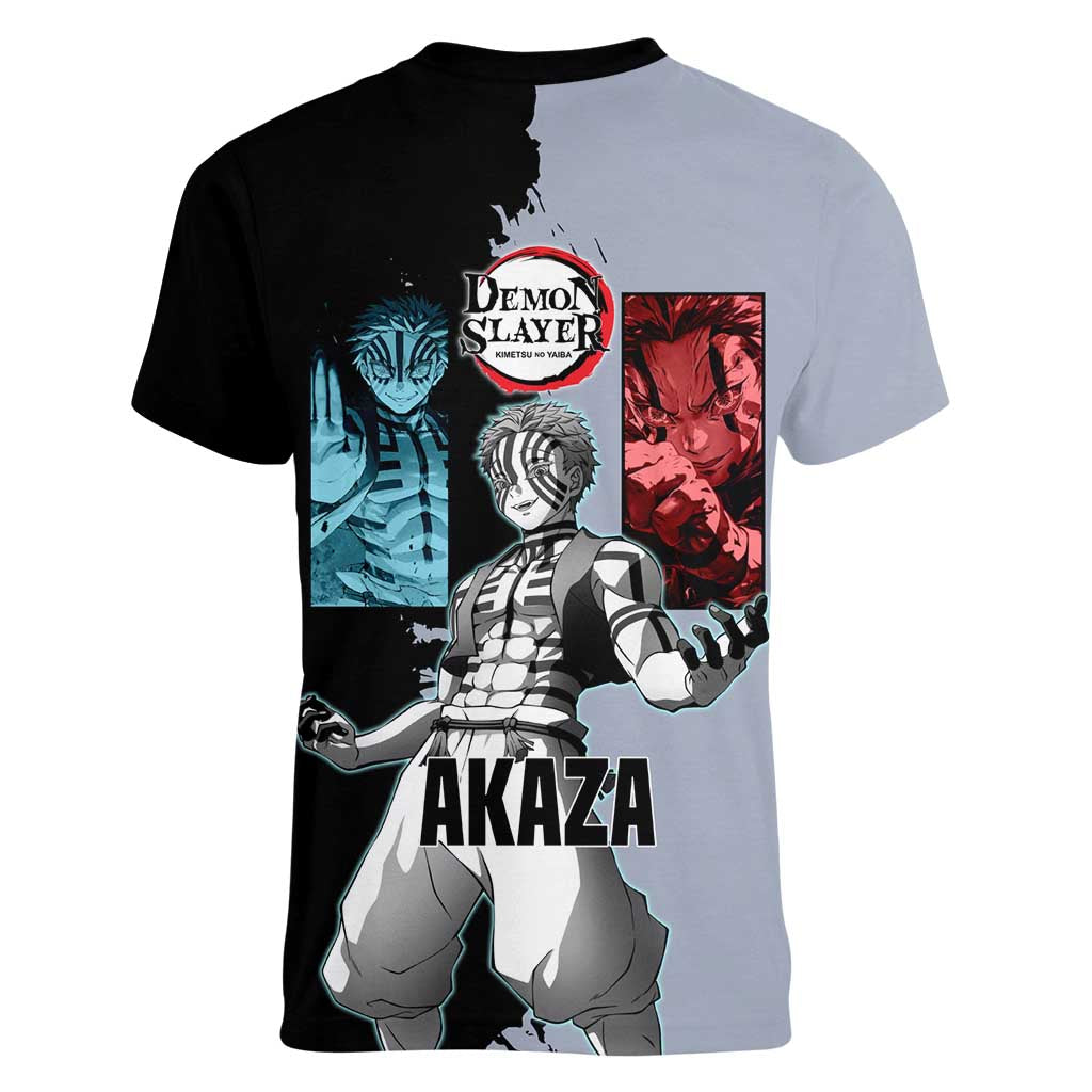Akaza from Demon Slayer Women V-Neck T-Shirt with Split Color Background and Martial Arts Pose Manga Style Design - The Mazicc