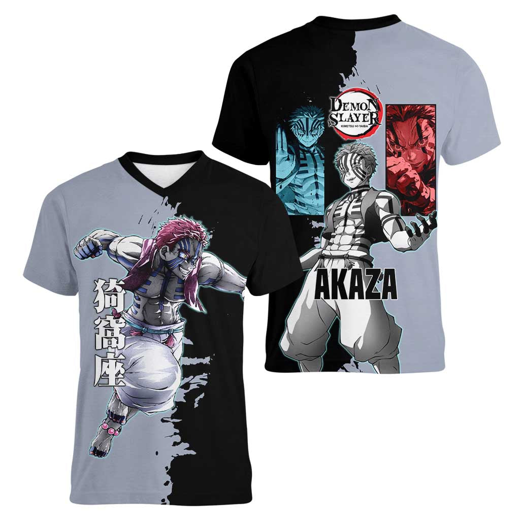 Akaza from Demon Slayer Women V-Neck T-Shirt with Split Color Background and Martial Arts Pose Manga Style Design - The Mazicc