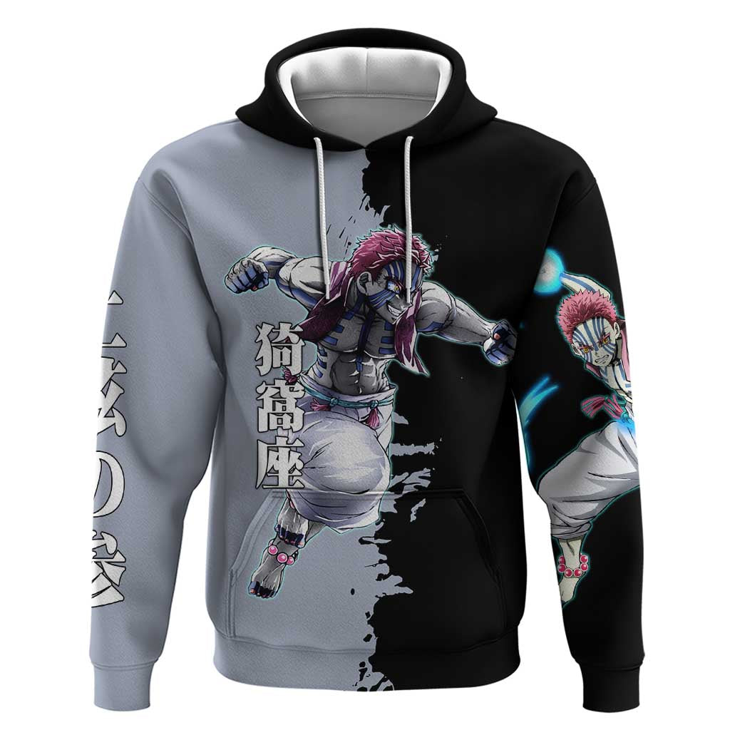 Akaza from Demon Slayer Zip Hoodie with Split Color Background and Martial Arts Pose Manga Style Design - The Mazicc