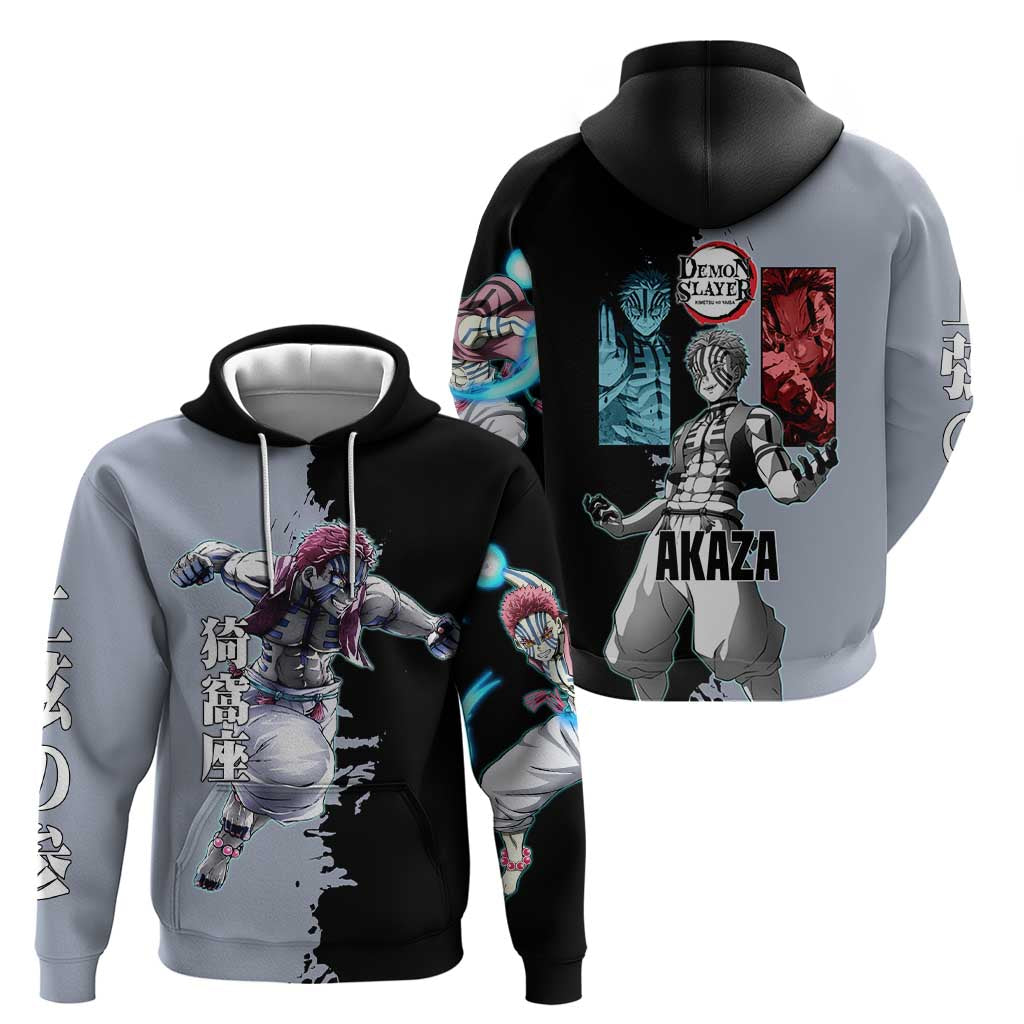 Akaza from Demon Slayer Zip Hoodie with Split Color Background and Martial Arts Pose Manga Style Design - The Mazicc