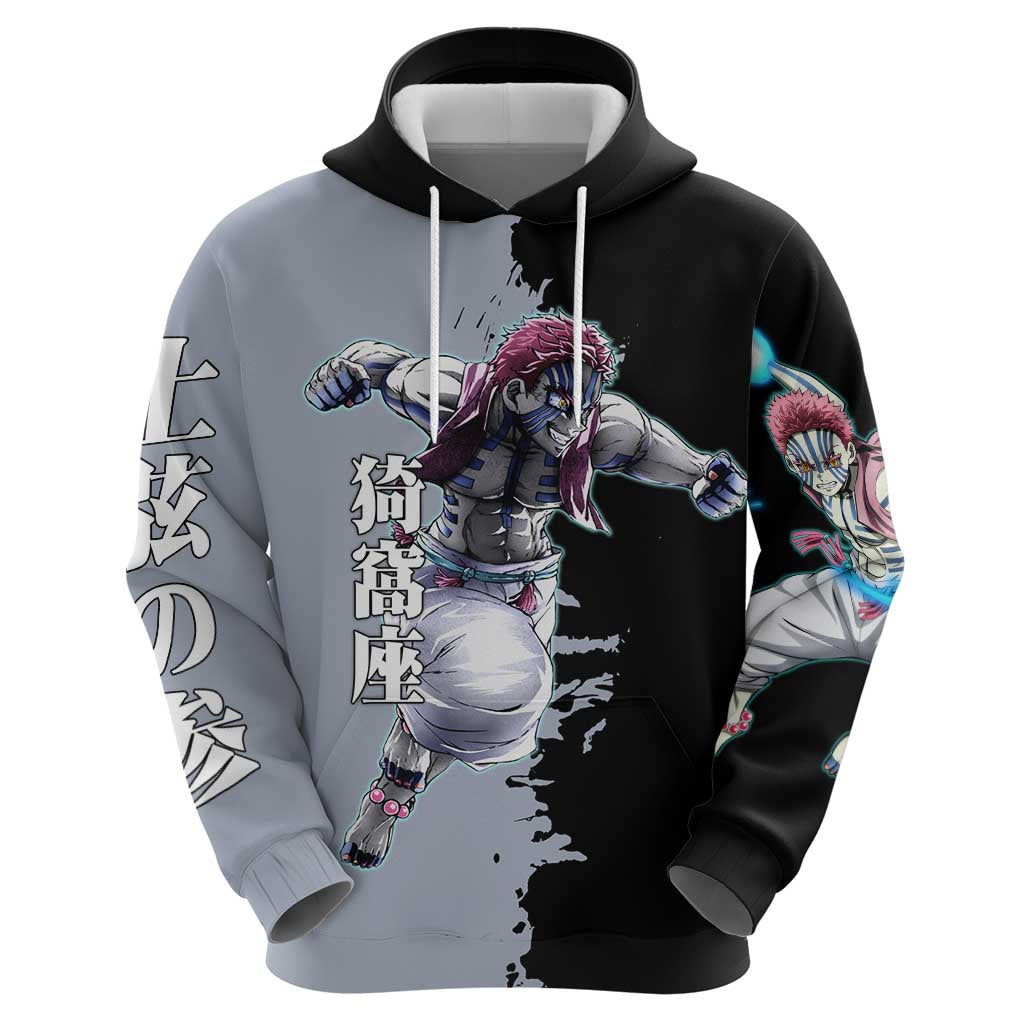 Akaza from Demon Slayer Zip Hoodie with Split Color Background and Martial Arts Pose Manga Style Design - The Mazicc