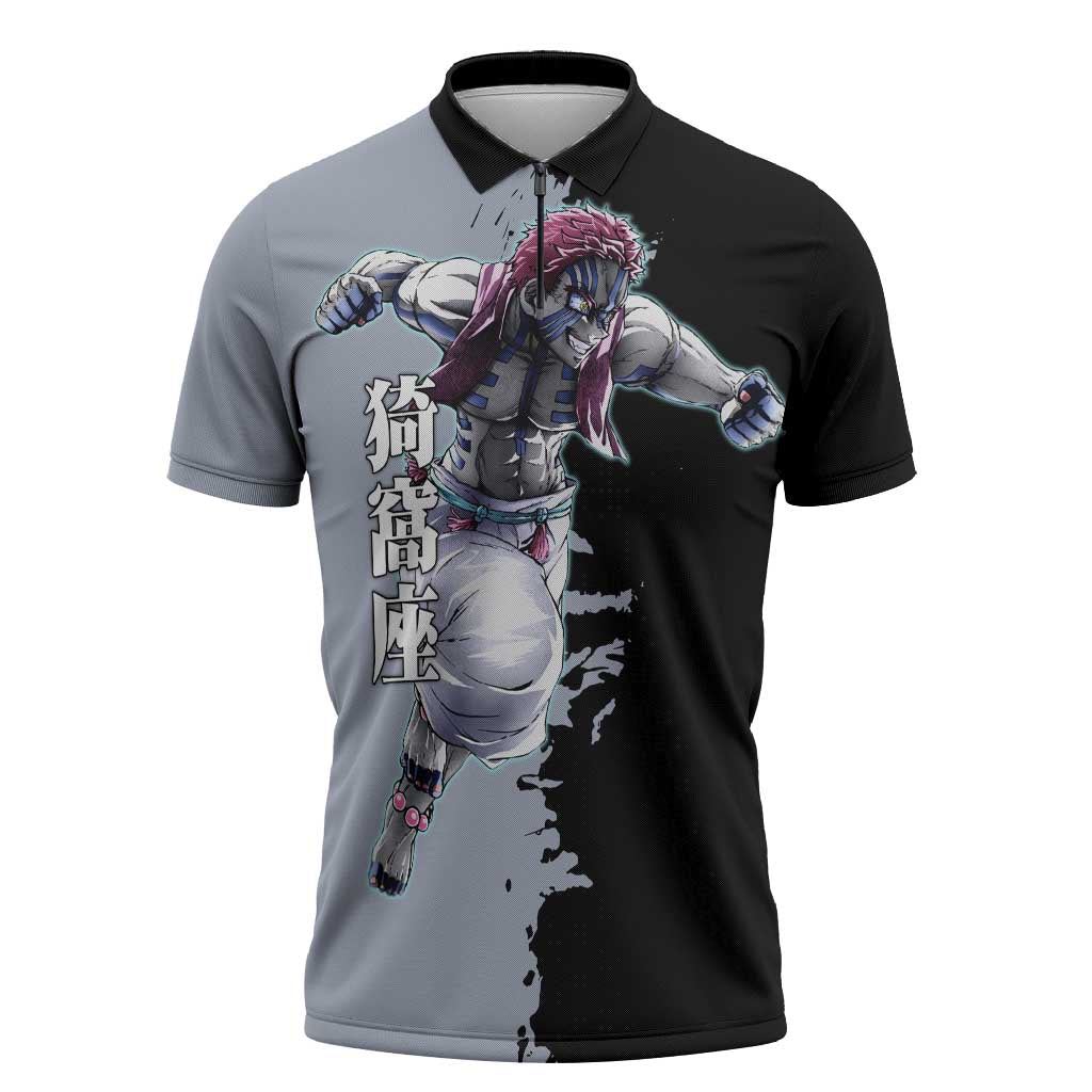 Akaza from Demon Slayer Zipper Polo Shirt with Split Color Background and Martial Arts Pose Manga Style Design - The Mazicc