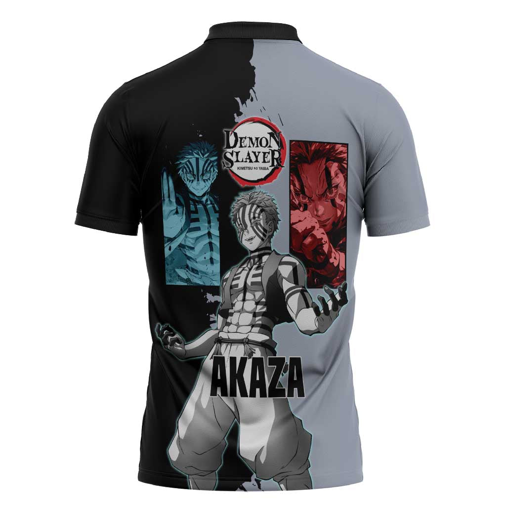 Akaza from Demon Slayer Zipper Polo Shirt with Split Color Background and Martial Arts Pose Manga Style Design - The Mazicc