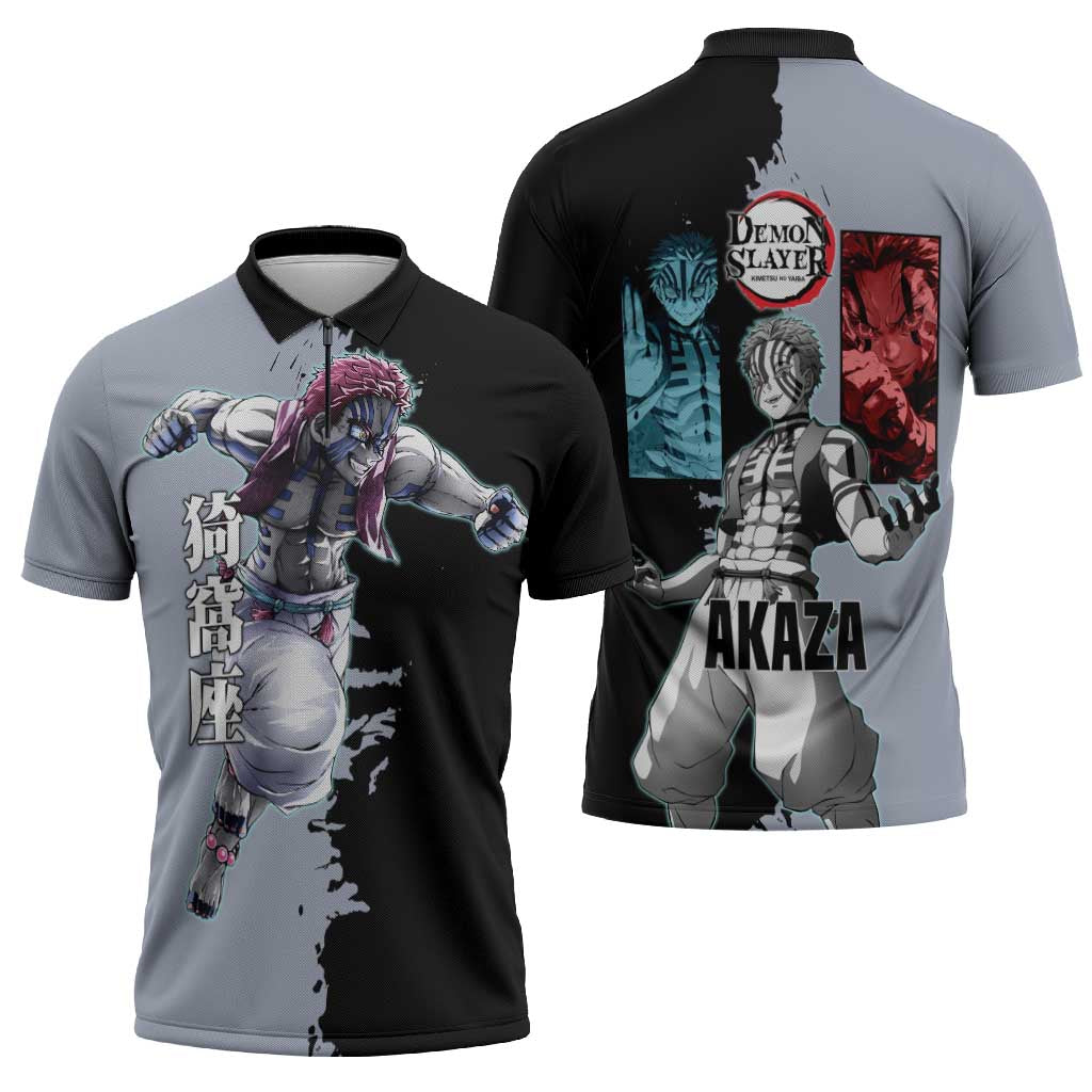 Akaza from Demon Slayer Zipper Polo Shirt with Split Color Background and Martial Arts Pose Manga Style Design - The Mazicc