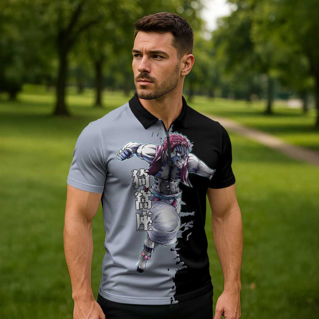 Akaza from Demon Slayer Zipper Polo Shirt with Split Color Background and Martial Arts Pose Manga Style Design - The Mazicc