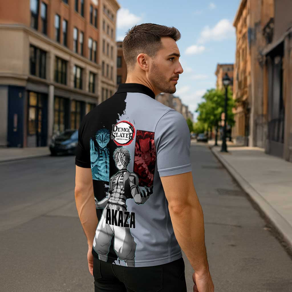 Akaza from Demon Slayer Zipper Polo Shirt with Split Color Background and Martial Arts Pose Manga Style Design - The Mazicc