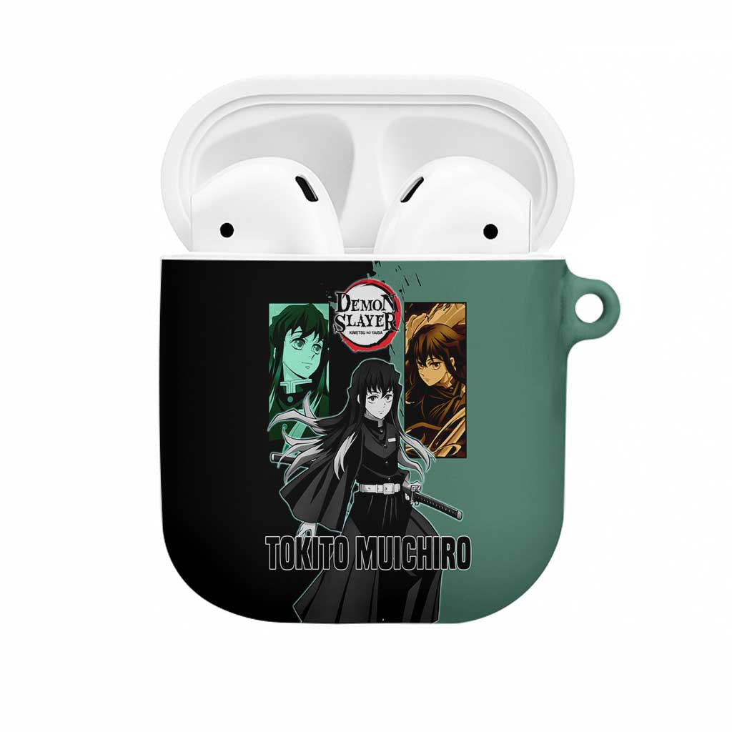 Muichiro Tokito from Demon Slayer AirPods Case with Green and Black Mist Background and Dual Character Manga Style Design - The Mazicc